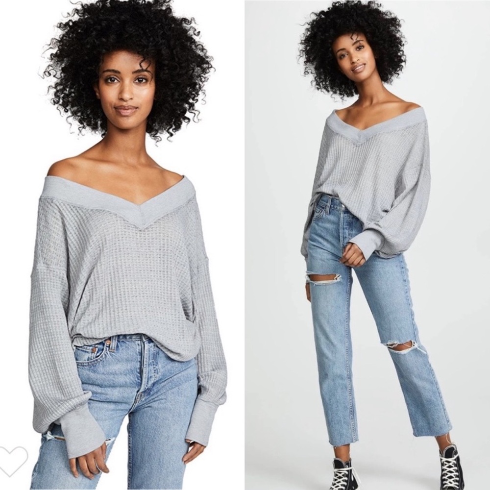 Free People Off-the-Shoulder Slouchy Sweater in Light Gray